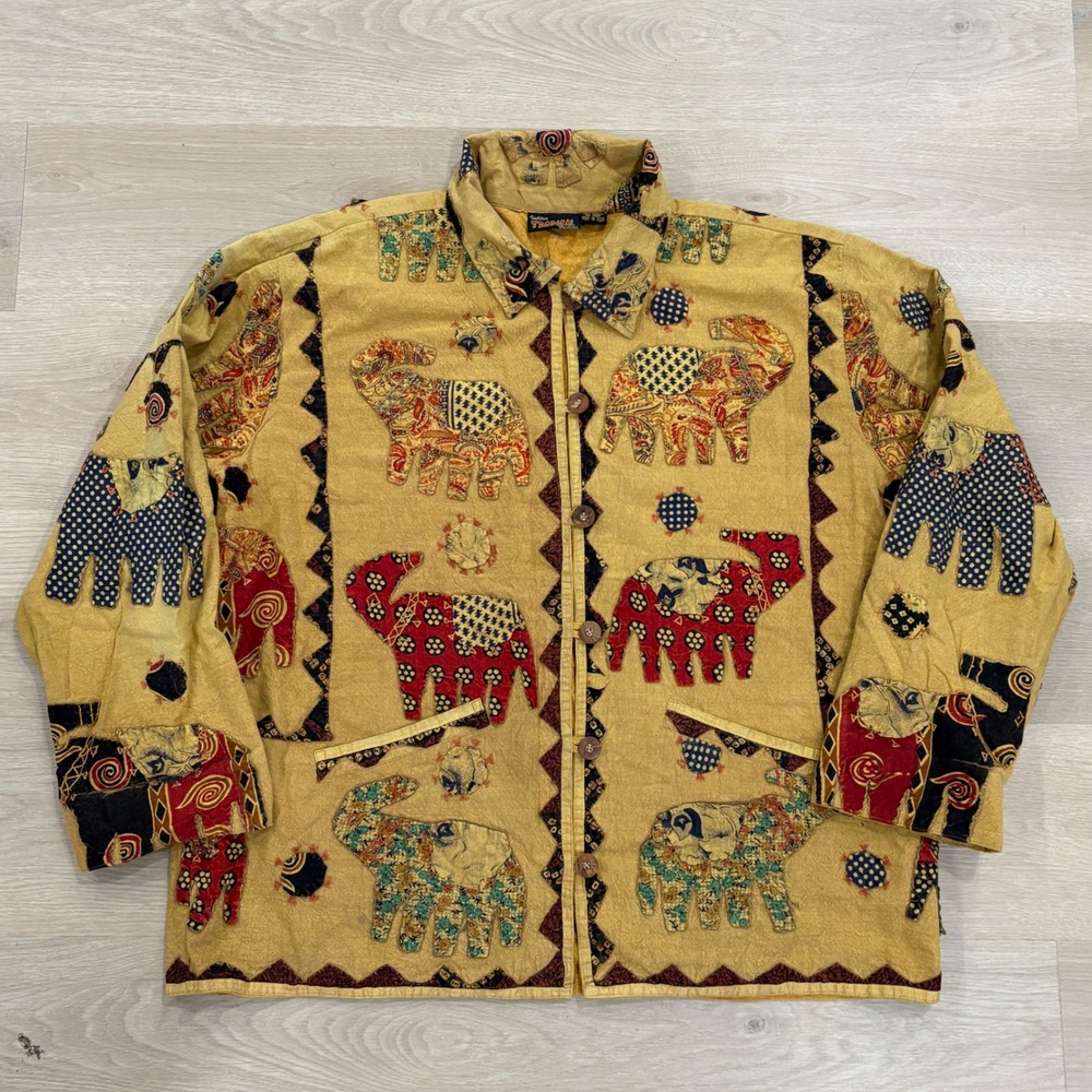 Indian Tropical Fashion Elephant Patchwork Cotton Jacket L/XL Whimsical Folk Art